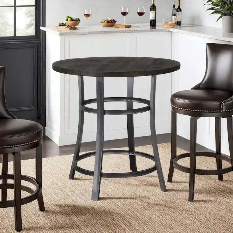 Flint Counter Height Table Round 36 Inch, Dark Brown Mahogany w Metal