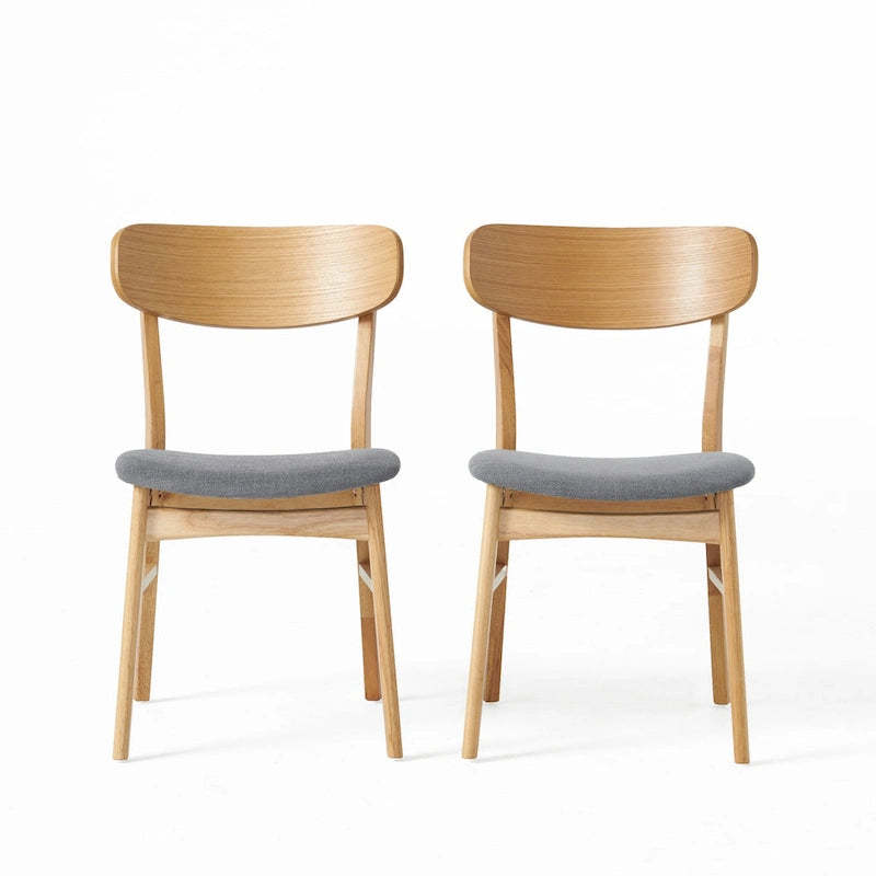Dining Chair Set of 2, Gray Padded Seat, Natural Brown Splayed Legs