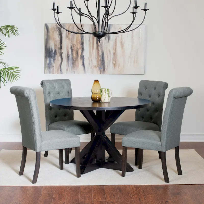 5 Piece Round Dining Table Set, Dining Room Furniture Set with Cross-Buck Dining Table and 4 Upholstered Chairs