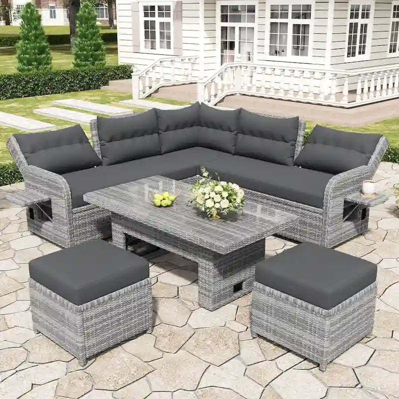 Outdoor Rattan Sectional Sofa Set with Adjustable Table & Recliners