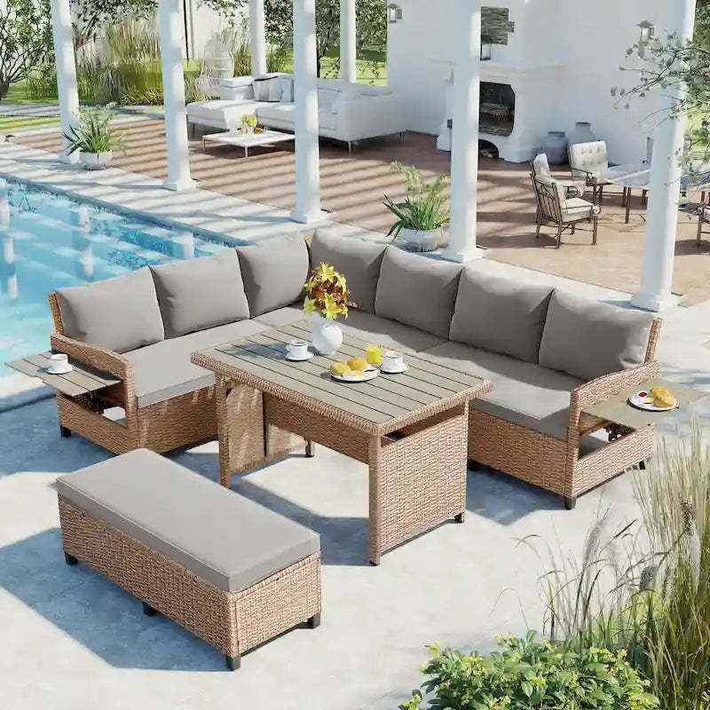 5 Pcs Outdoor Patio Rattan Sofa Set, All Weather PE Wicker Patio Furniture Set with 2 Extendable Side Tables and Table