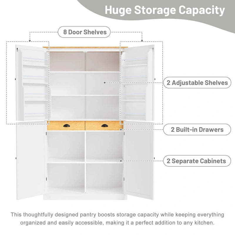 Freestanding Kitchen Pantry with 2 Drawers, Storage Cabinet with 8 Door Shelves, Cabinets with 2 Adjustable Shelves