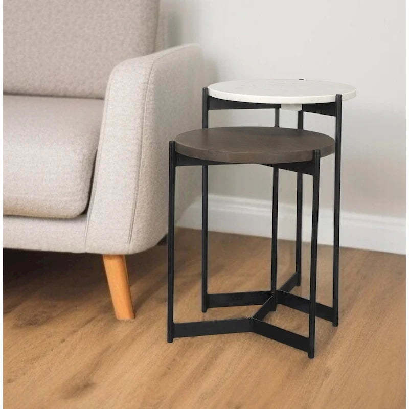 HomeRoots Set of Two Brown White and Black Marble Solid Wood and Metal Round Nested Tables - 16' X '24' X '16
