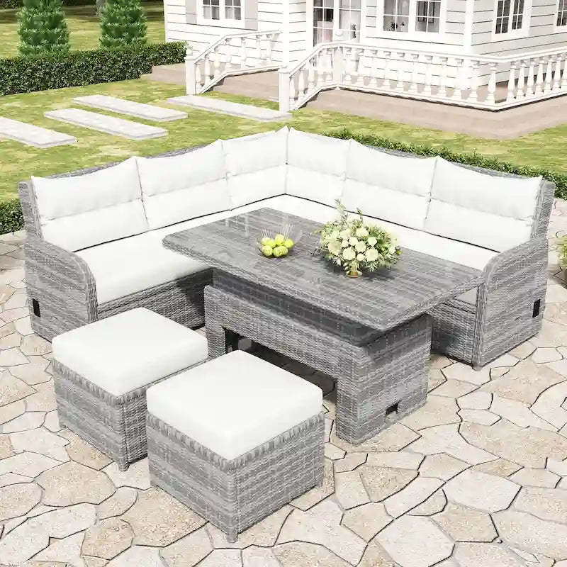 Outdoor Furniture Set Patio Rattan Furniture Set with an Adjustable Table, Recliners with Extendable Side Tables