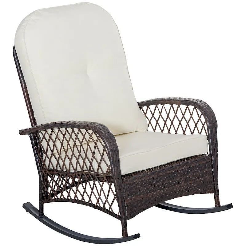 Outsunny Outdoor Wicker Rocking Chair with Cushion and Steel Frame, High Weight Capacity for Patio, Garden, Backyard