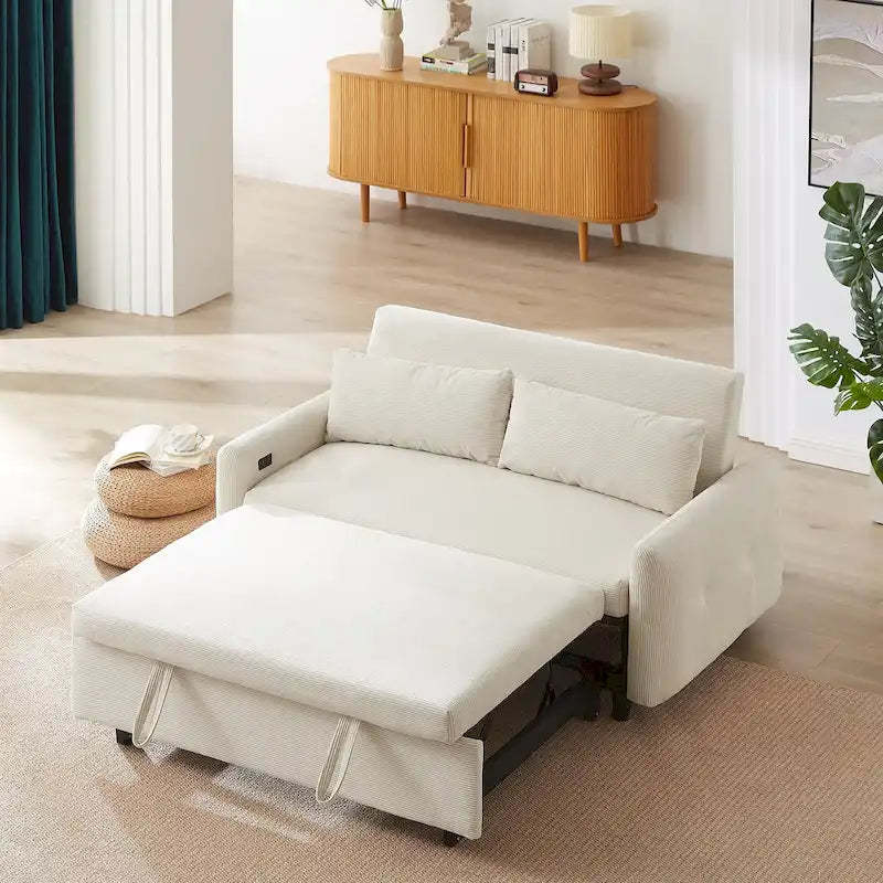 Roomfitters Pull-Out Sofa Bed Convertible 2-Seat Loveseat with Throw Pillows and USB Ports, Modern Sleeper Sofa, Beige