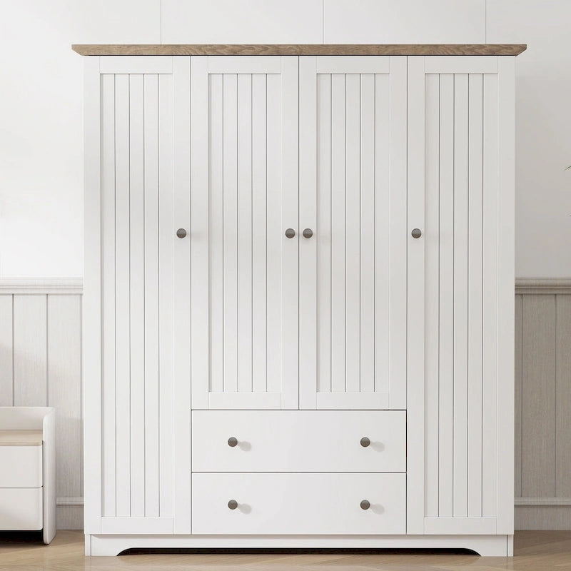 4 Door Wardrobe Armoire Closet with 2 Drawers, Freestanding Wardrobe Clothes Storage Cabinet with Hanging Rods