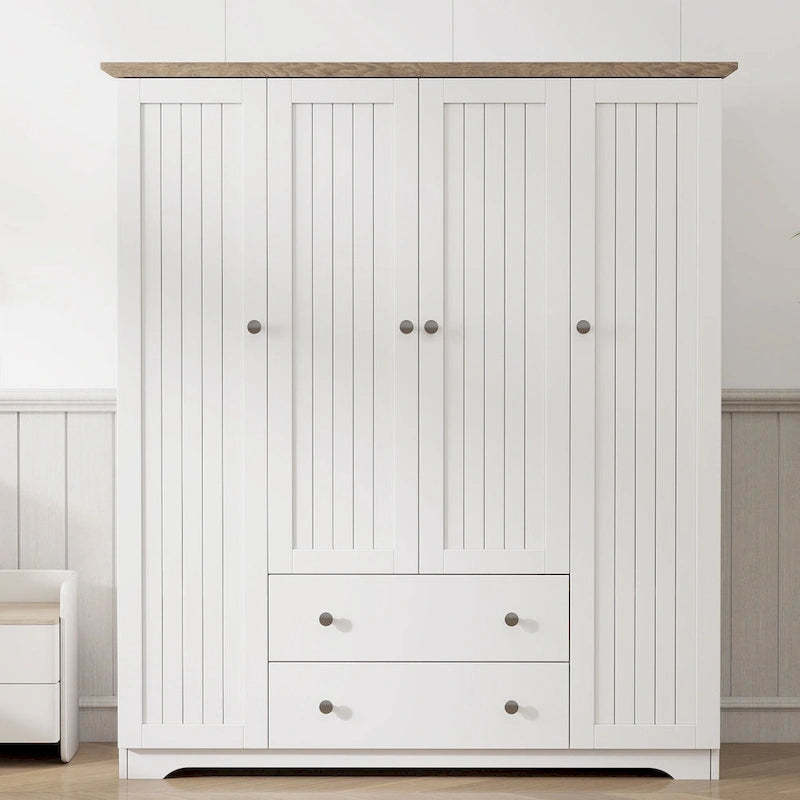 4 Door Wardrobe Armoire Closet with 2 Drawers, Freestanding Wardrobe Clothes Storage Cabinet with Hanging Rods