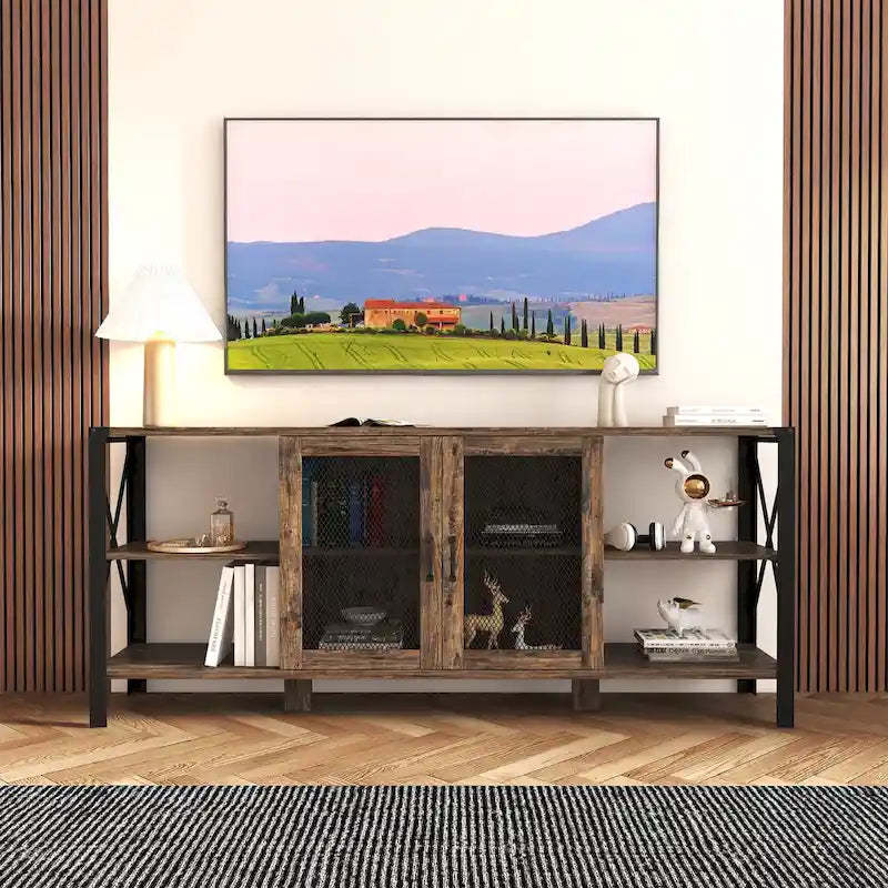 Industrial Farmhouse TV Stand with 4 Storage Shelf and 2 Storage Cabinets for Living Rooms and Kitchens