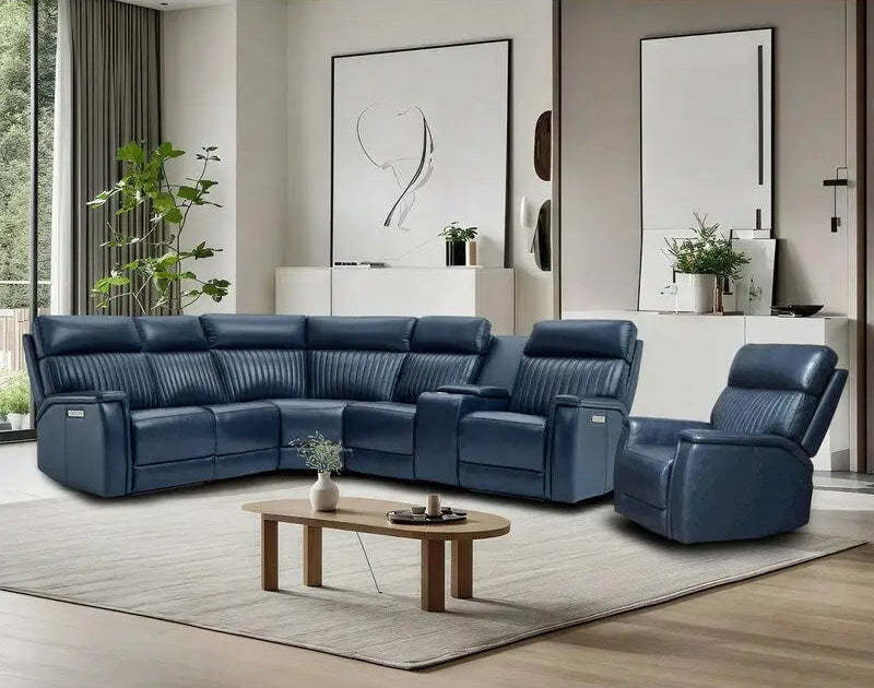105 W Genuine Leather Power Sectional with Recliner Sofa Set with Triple Power, Single Console, USB&USB-C Ports
