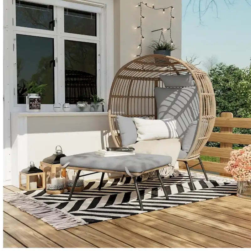 Oversized Wicker Egg Chair with Footstool, Thick Cushion, Gray - N/A