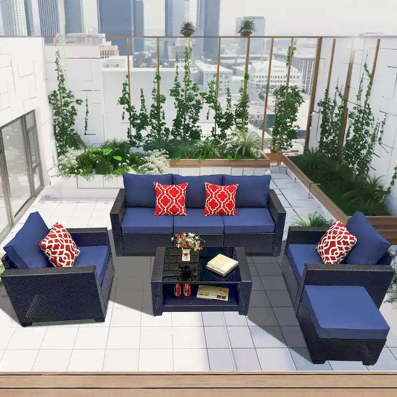 7-Piece PE Rattan Wicker Cushioned Sofa Set