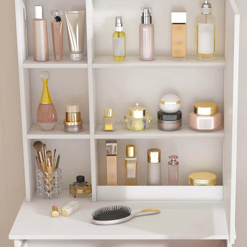 Modern Mini Dressing Table with LED-lit Mirror & Hidden Storage