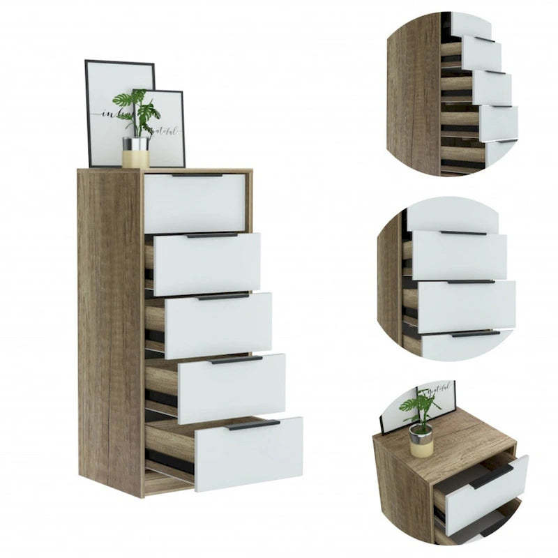 Wood Modern 5 Drawer Dresser Chest with Metal Glides and Handles