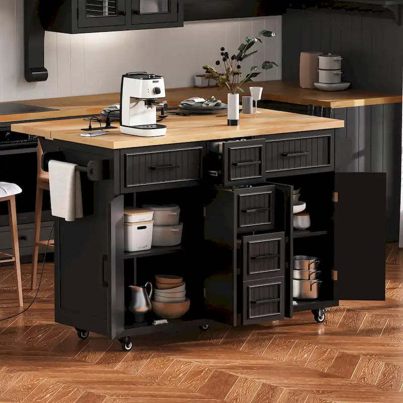 Kitchen Storage Island on Wheels with Drop Leaf & Power Outlet, 56.5 Kitchen Island with 4 Doors, 5 Deep Drawers
