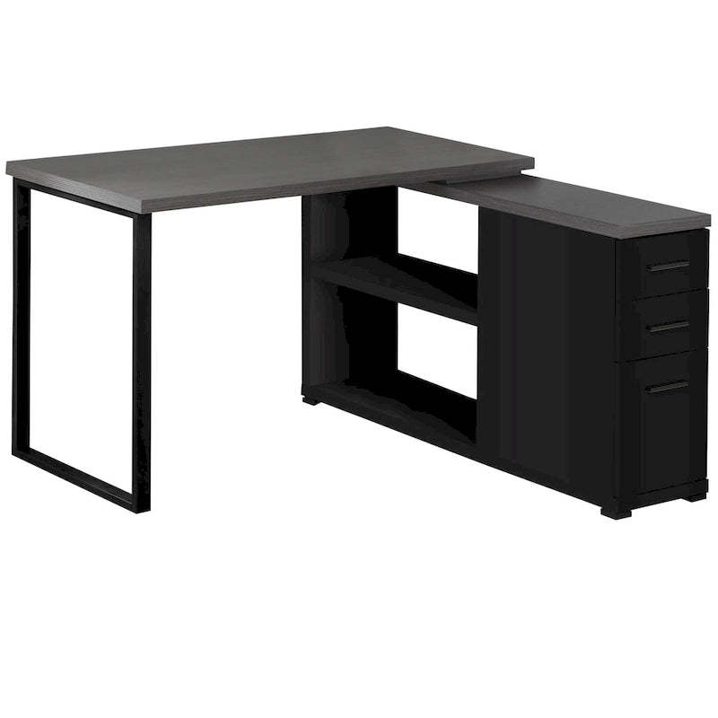 Grey Wood L-Shaped Computer Desk with Drawers and Metal Pedestal Base