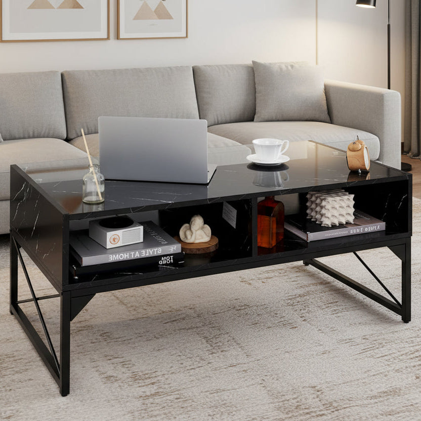 Gymax High-gloss LED Coffee Table w/ Faux Marble & Tempered Glass Top