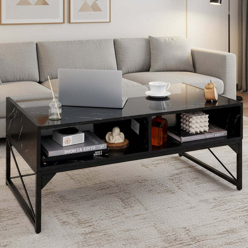 Gymax High-gloss LED Coffee Table w/ Faux Marble & Tempered Glass Top