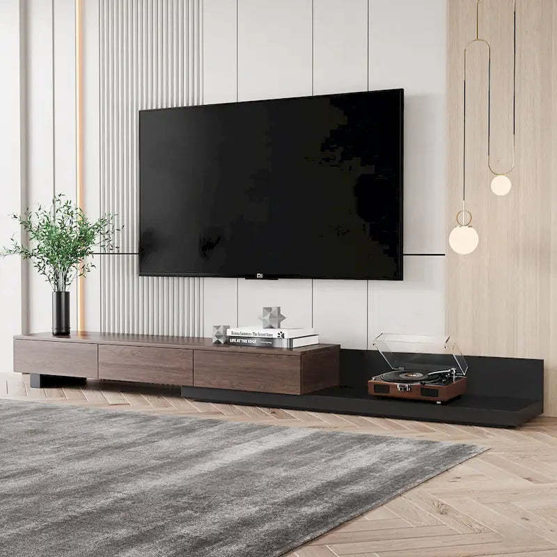 3-Drawers Retracted Extendable TV Stand Media Console In Stretch 70- 110