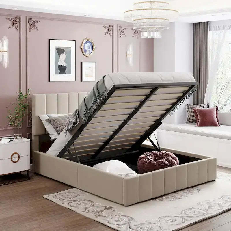 Queen Size Linen Platform Bed - Hydraulic Lift Platform with Hidden Compartment, Solid Pine Wood Frame
