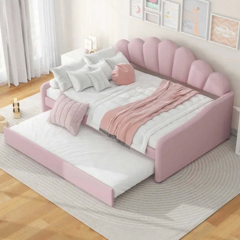 Full Size Upholstered Daybed with Shell Backrest and Trundle