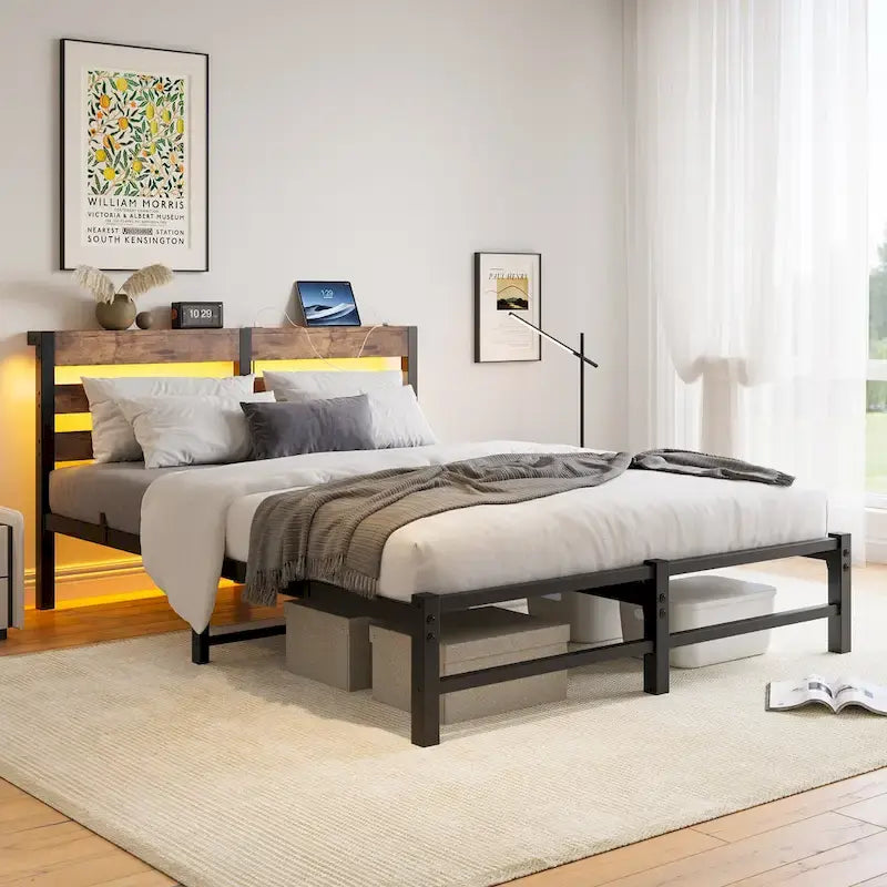 Beige+Brown Queen Size Modern Metal Bed with Wooden Headboard,RGB Lights and Storage Shelf for Bedroom