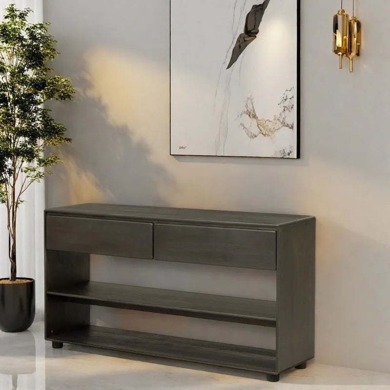 48 Solid Wood Console Table with 2 Drawers & 2 Shelves Solid Wood Legs & Adjustable Feet