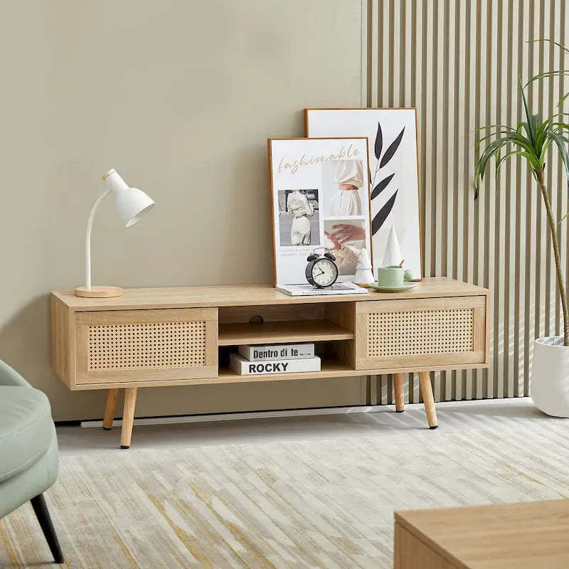 55.12 TV Stand with Double Sliding Doors, Solid Wood Legs and Adjustable Shelf for Living Room