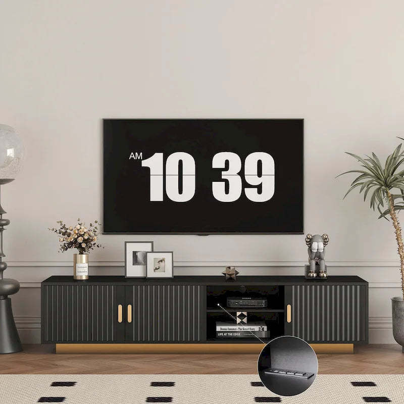 Black 65 Mid-Century TV Stand with LED Lights & Storage for TVs Up to 60