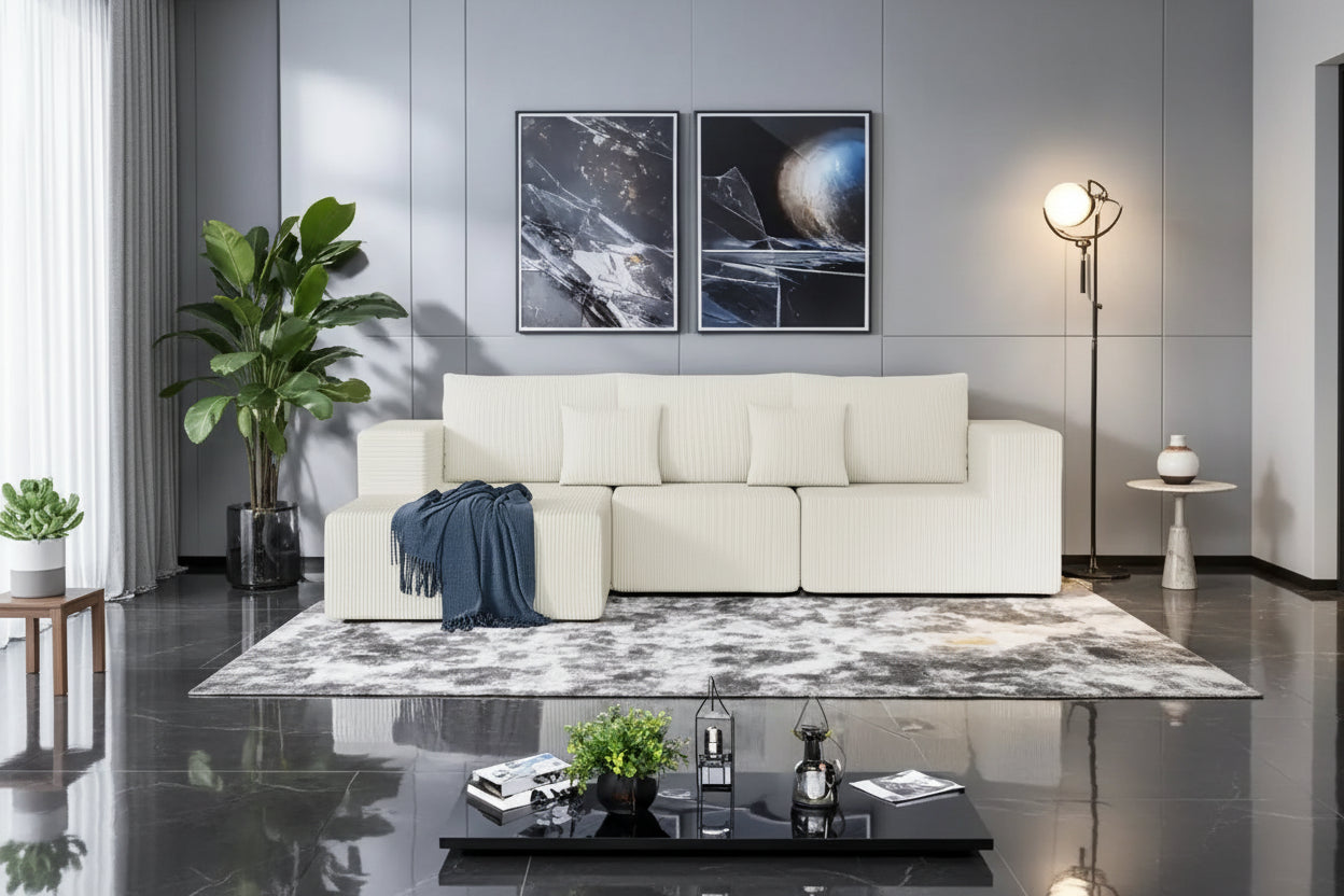 108.3 Corduroy L-Shaped Modular Cloud Sofa with Chaise Lounge