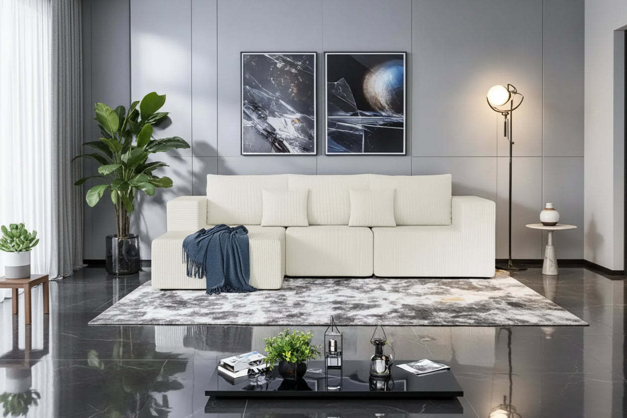 108.3 Corduroy L-Shaped Modular Cloud Sofa with Chaise Lounge