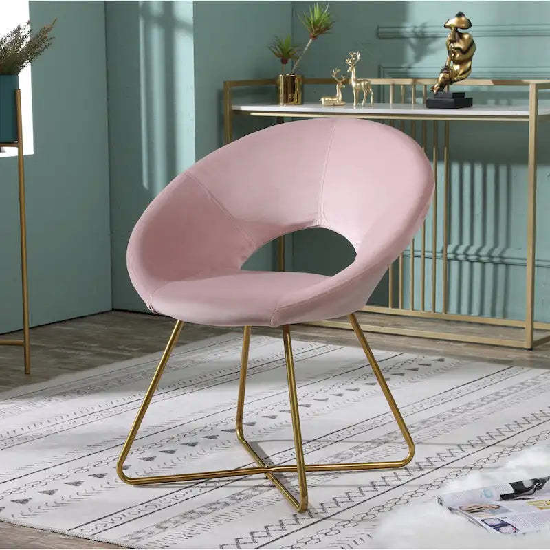 Pink Modern 28 Polyester Upholstered Accent Chair with Gold Tone Finished Base and Metal Sled Legs