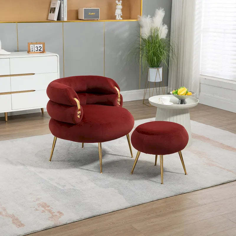 Wine Red Modern 29.13 Upholstered Barrel Chair with Ottoman and Sturdy Metal Frame