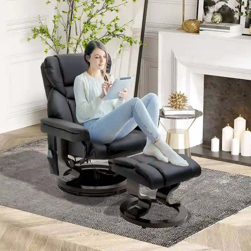 Black Faux Leather 360 Swivel Manual Recliner Set with Ottoman, 10 Vibration Massage Points, Side Pocket