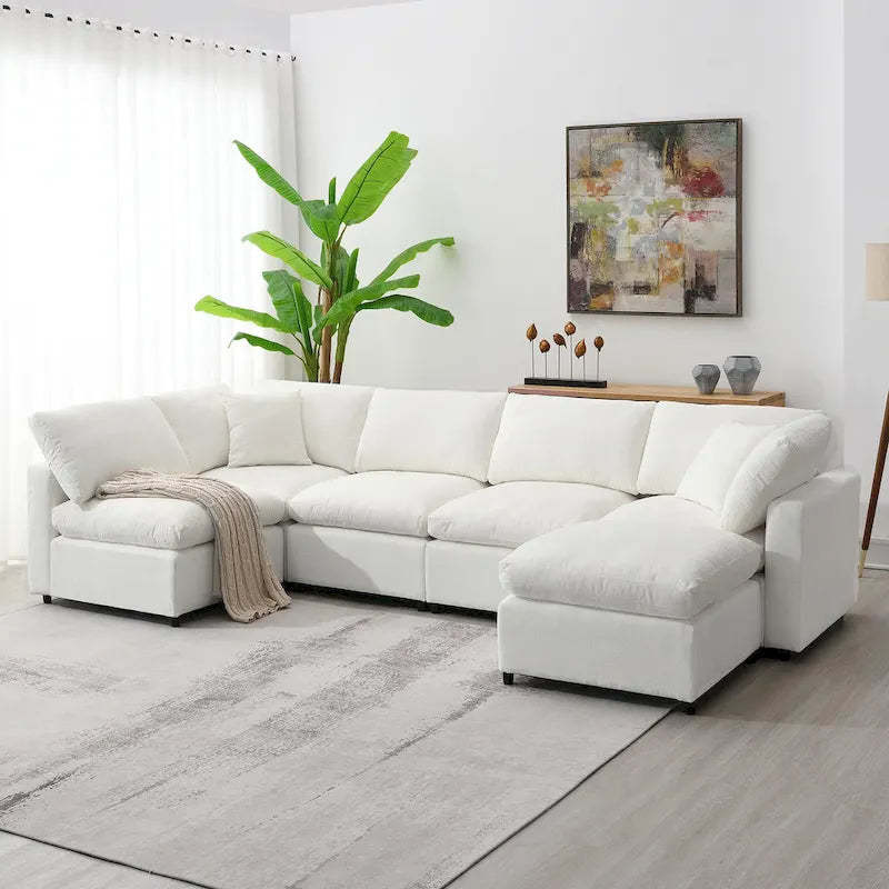 Beige 130 Chenille Cloud U-Shaped Sleeper Sectional Sofa, 6-Piece Modular Design