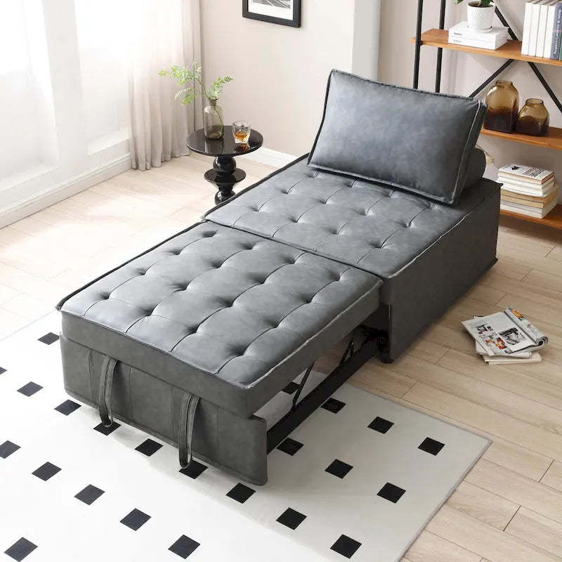 39 Faux Leather Single Multipurpose Ottoman Pull Out Sofa Bed with Adjustable Backrest and Pillow for Living Room