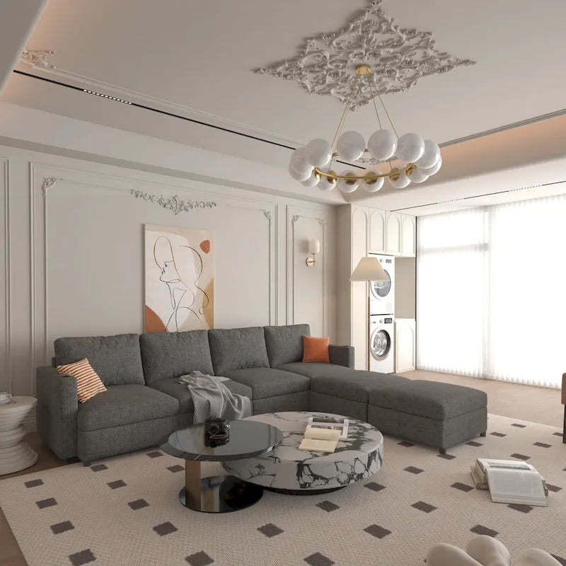Grey 123 U-Shaped Modular 4-Seat Sectional Sofa with Storage Ottomans
