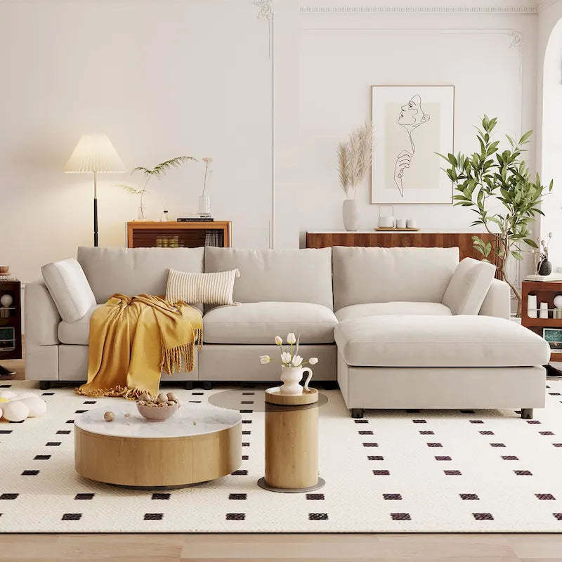Beige 113 L-Shaped 4-Seat Sectional Sofa with Adjustable Footrest and Reversible Chaise