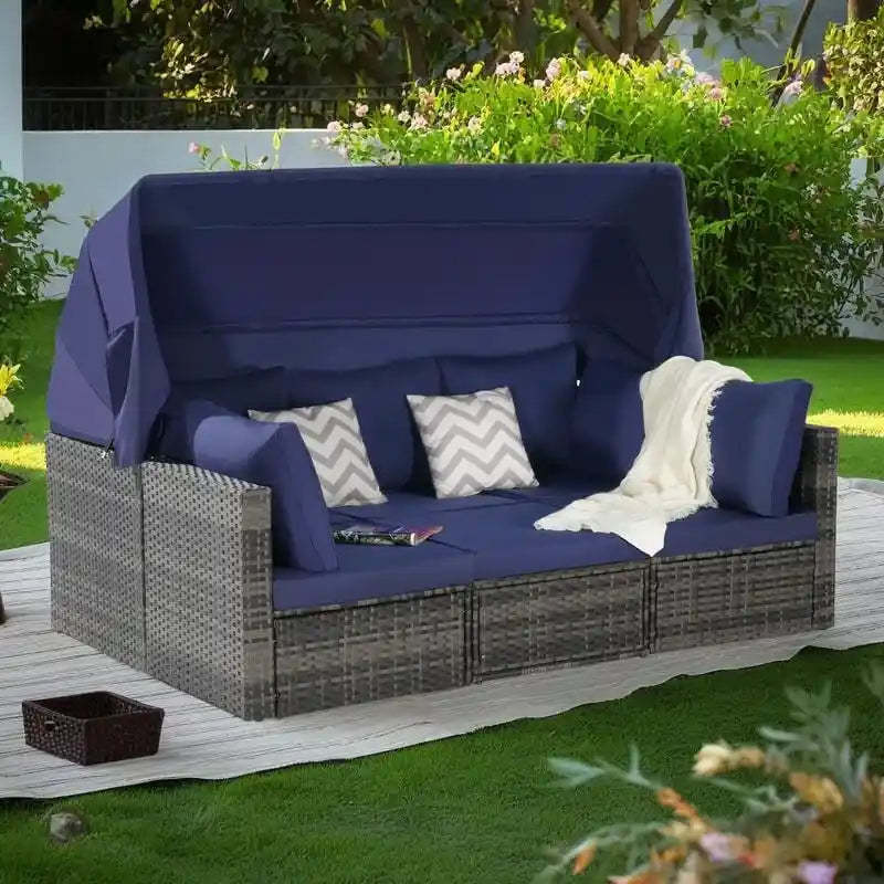5-Piece Outdoor Patio Wicker Daybed Set with Retractable Canopy, Storable Table