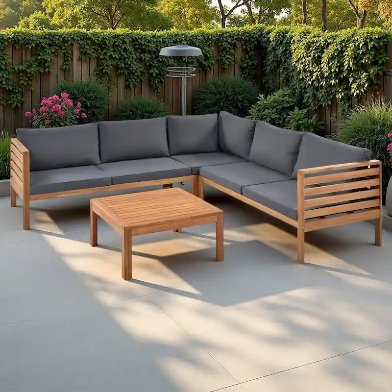 4-Pieces Outdoor Acacia Wood L-Shaped Sectional Sofa Set with Coffee Table