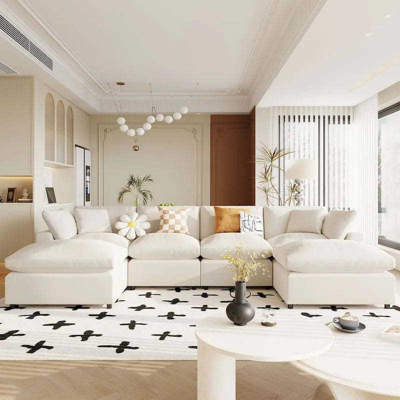 Beige 134.40 Modern U-Shaped 6 Seater Sectional Sofa with 2 Large Chaises, Removable Ottomans and Soft Cushions