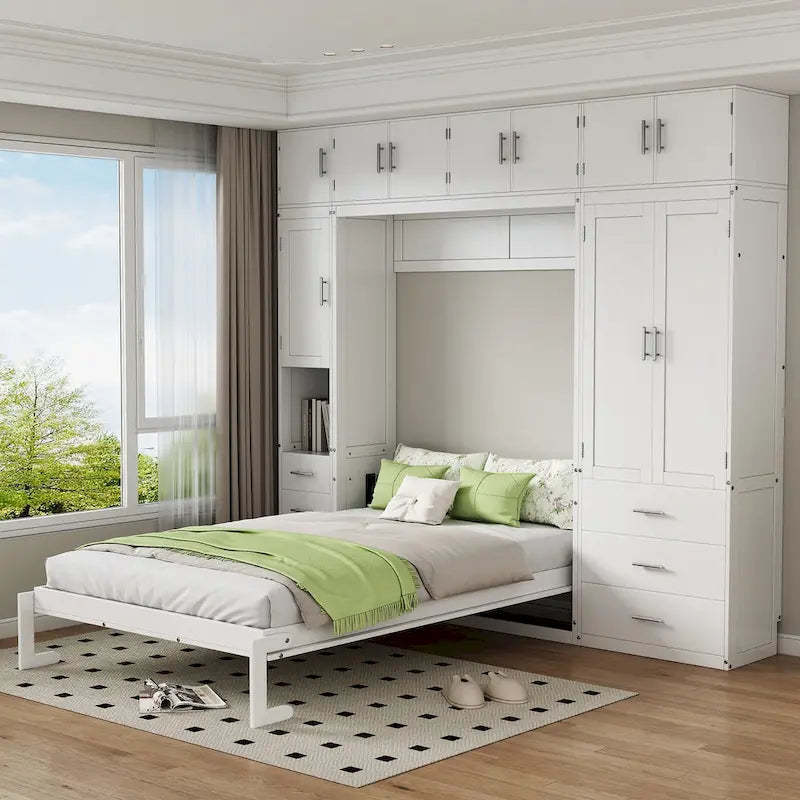 White Full Size Modern Murphy Bed with Drawers, Lockers, and Wardrobes