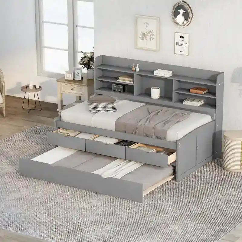 Twin Pine Captain Bed with Shelves, Drawers & Trundle