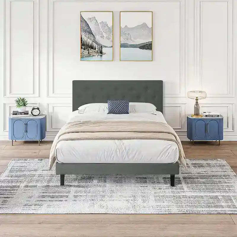 Dark Gray Twin Size Upholstered Bed Frame with Button Tufted Linen Headboard