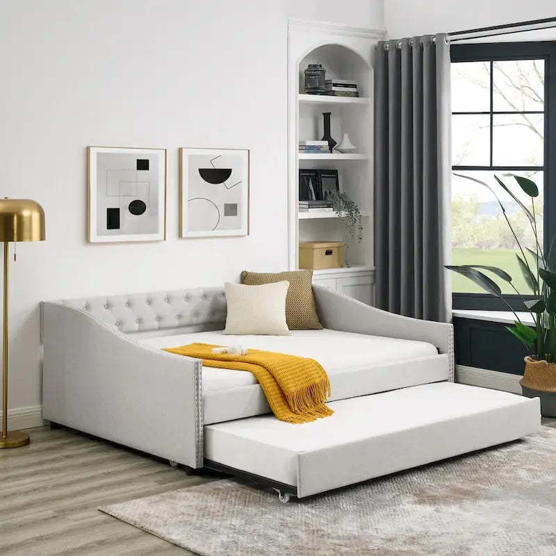 Upholstered Daybed Frame with Trundle & Tufted Backrest