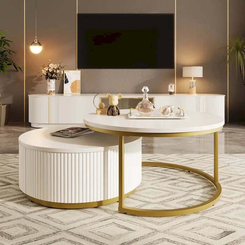 Modern Round Nesting Coffee Table with Drawer and Gold Base for Living Room