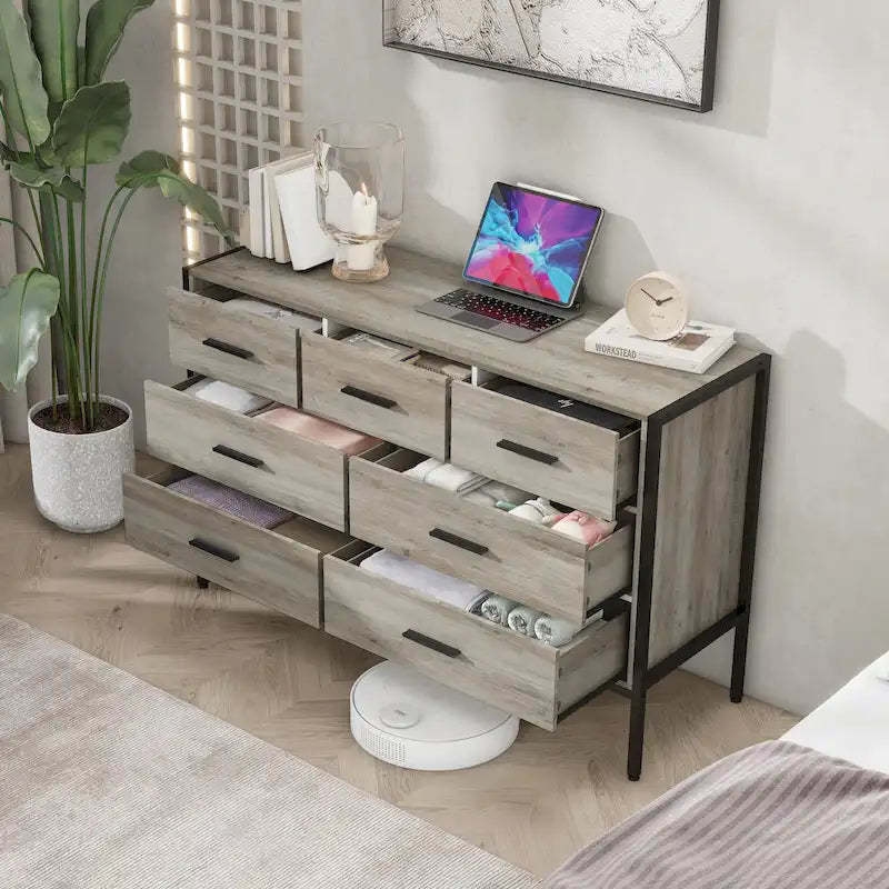 7-Drawer Horizontal Dresser, Wooden Storage Closet for Bedroom, Solid Clothes Cabinet with Sturdy Steel Frame