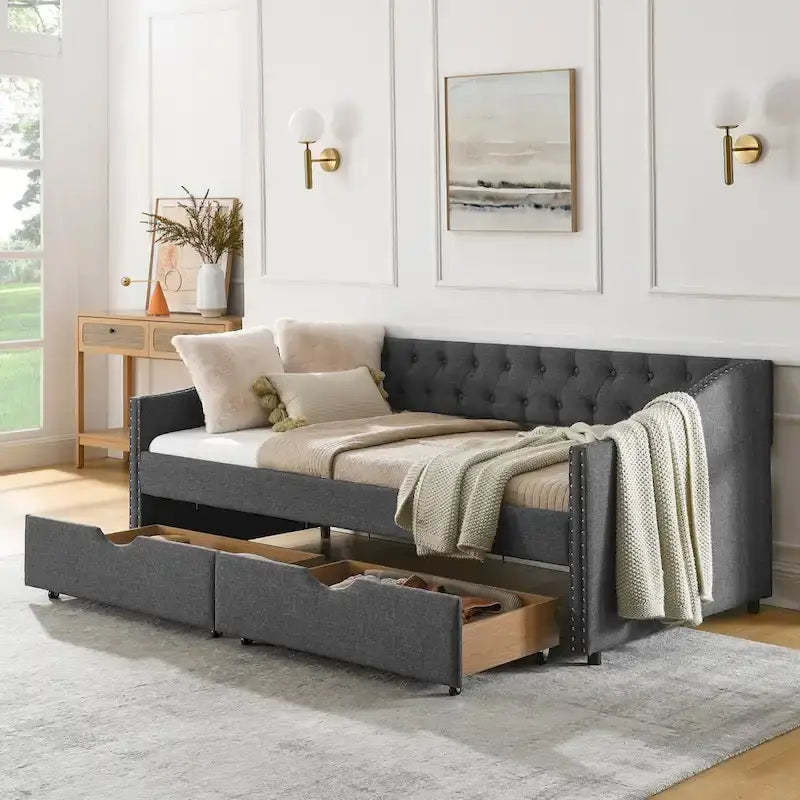Twin Size Linen Upholstered Daybed Frame with 2 Drawers, Buttons Tufted Backrest, Copper Nail Decoration