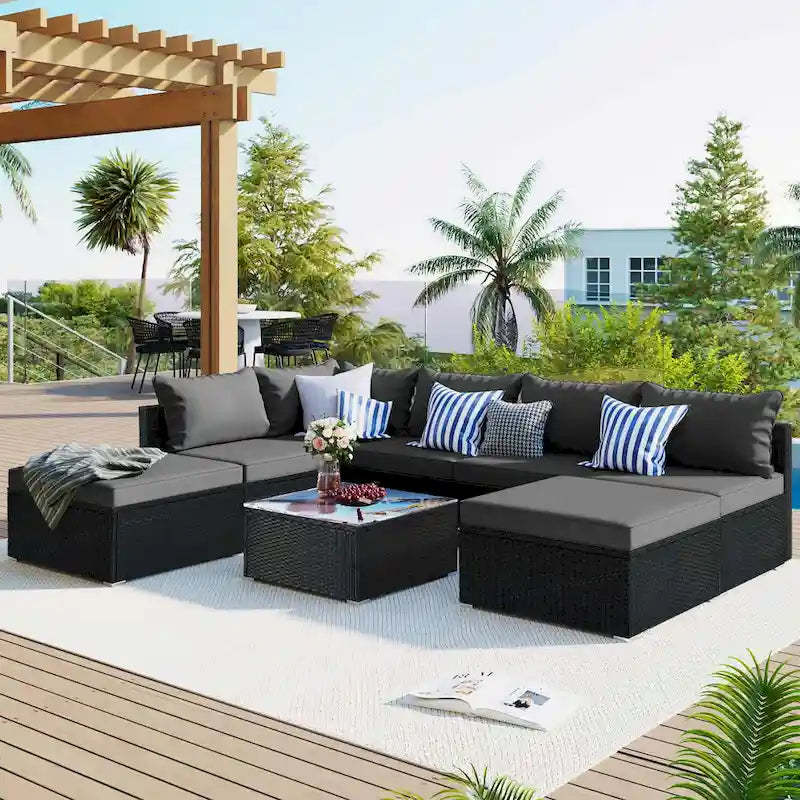 8-Piece Outdoor Wicker Sectional Sofa Set with Coffee Table, Cushions