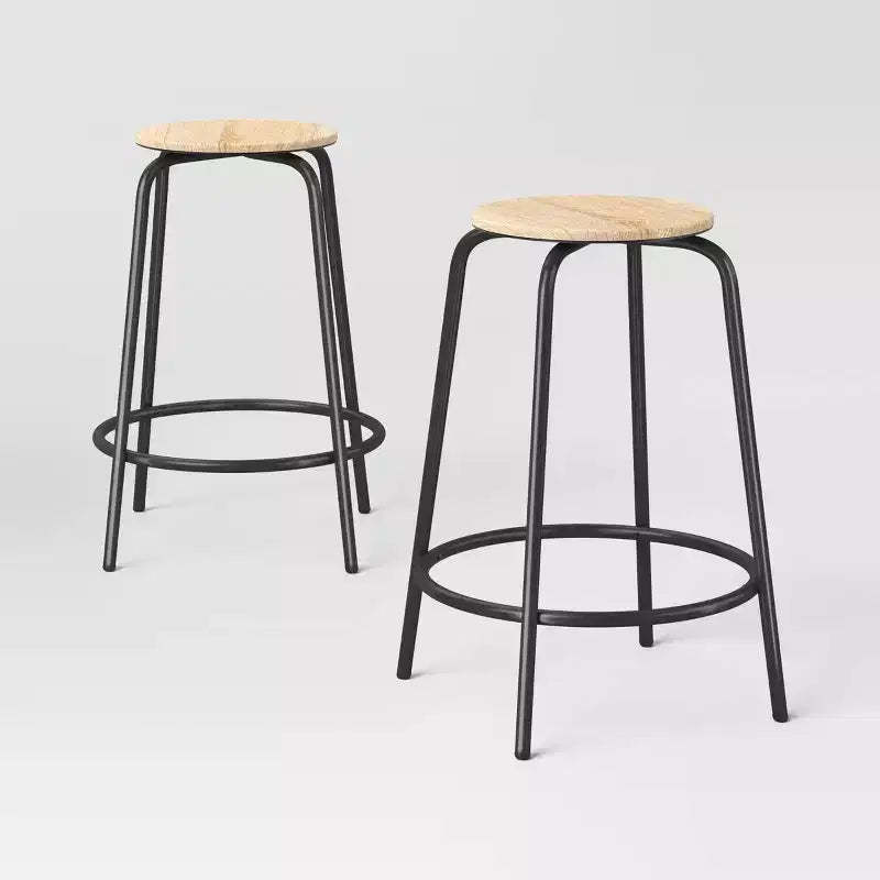 Set of 2 24" Wood and Metal Base Backless Counter Height Barstool Stool with Footrest Natural - Room Essentials™